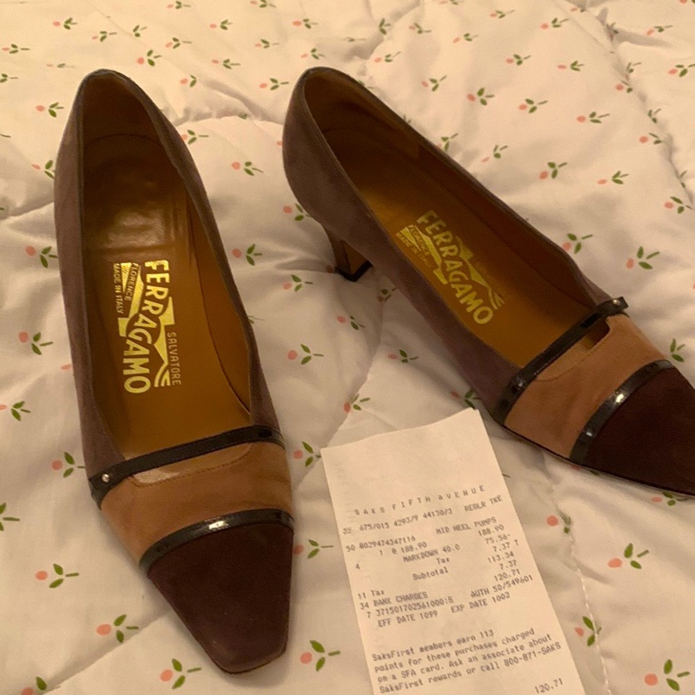 Vintage Ferragamo pumps. Suede and patented leather. VGC. Rarely worn